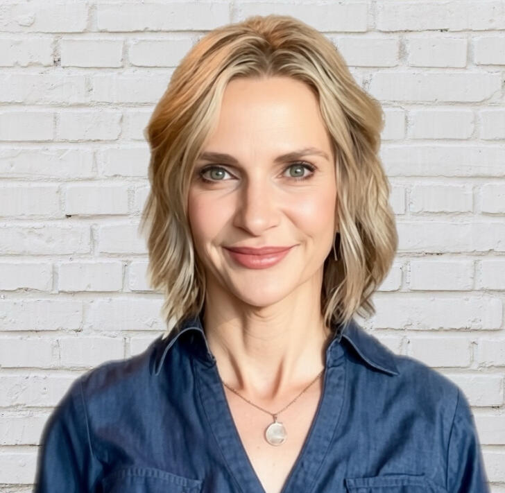 Blonde woman with closed smile wearing blue button-up blouse